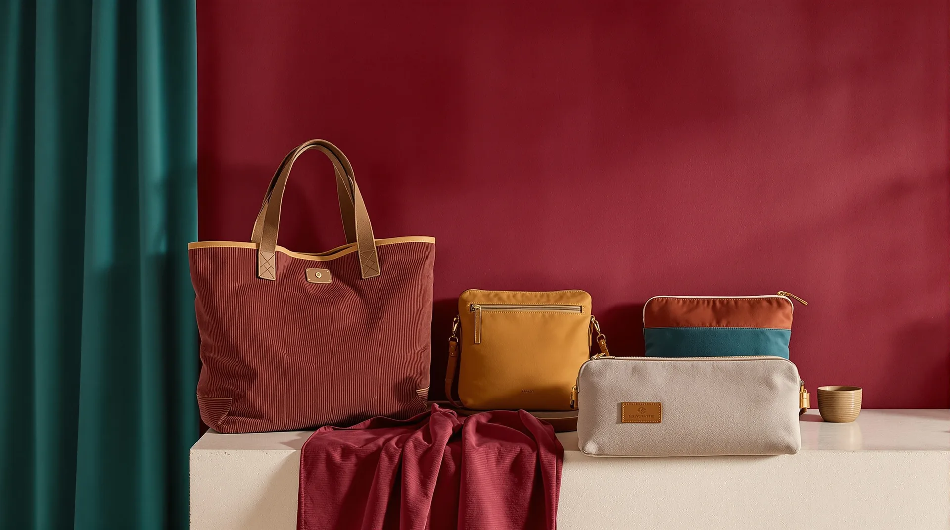 Cabas en velours côtelé, sac bandoulière en toile et pochettes posés côte à côte